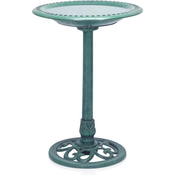 Outdoor Aged Green Pedestal Birdbath with Scrollwork - Picture 1 of 7